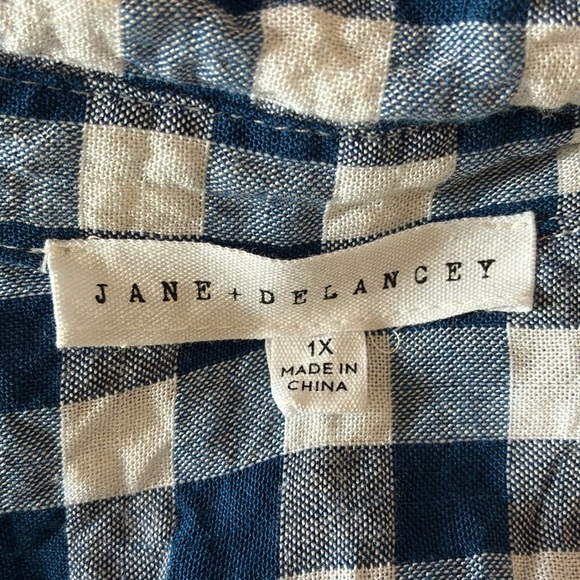 JANE + DELANCEY Women Plus 1X Blue White Gingham Long Sleeve Button Up Top Gauzy - Picture 7 of 10